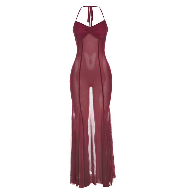 Women Clothing Spring Summer Sexy Mesh Solid Color See through Slim Halter Lace up Dress Bella Mia