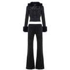 Autumn Winter Casual Furry Long Sleeved Zipper Sweater Coat Letter Graphic Rhinestone Sweatpants Two Piece Sets Bella Mia
