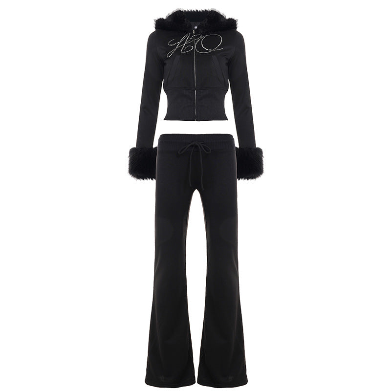 Autumn Winter Casual Furry Long Sleeved Zipper Sweater Coat Letter Graphic Rhinestone Sweatpants Two Piece Sets Bella Mia