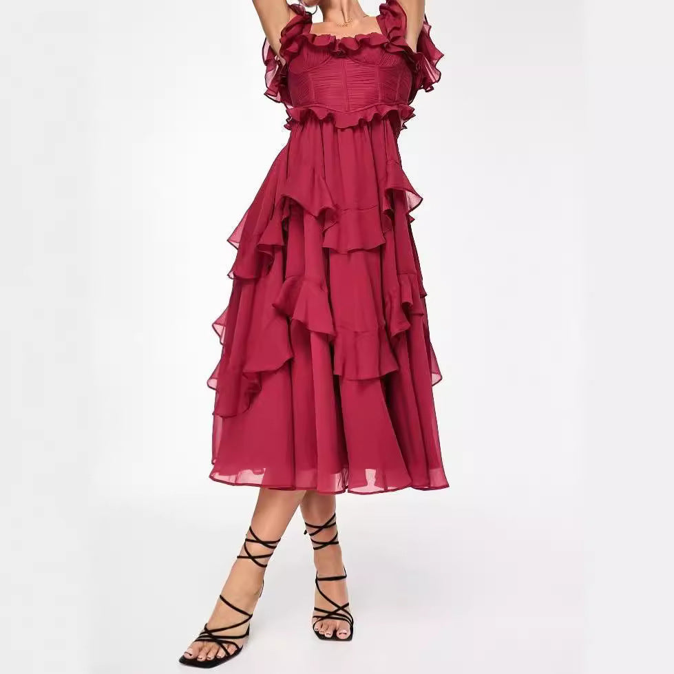 Dress Holiday Dress Lace Backless Hollow Out Cutout out Tiered Dress Ruffled Pleated Dress Bella Mia