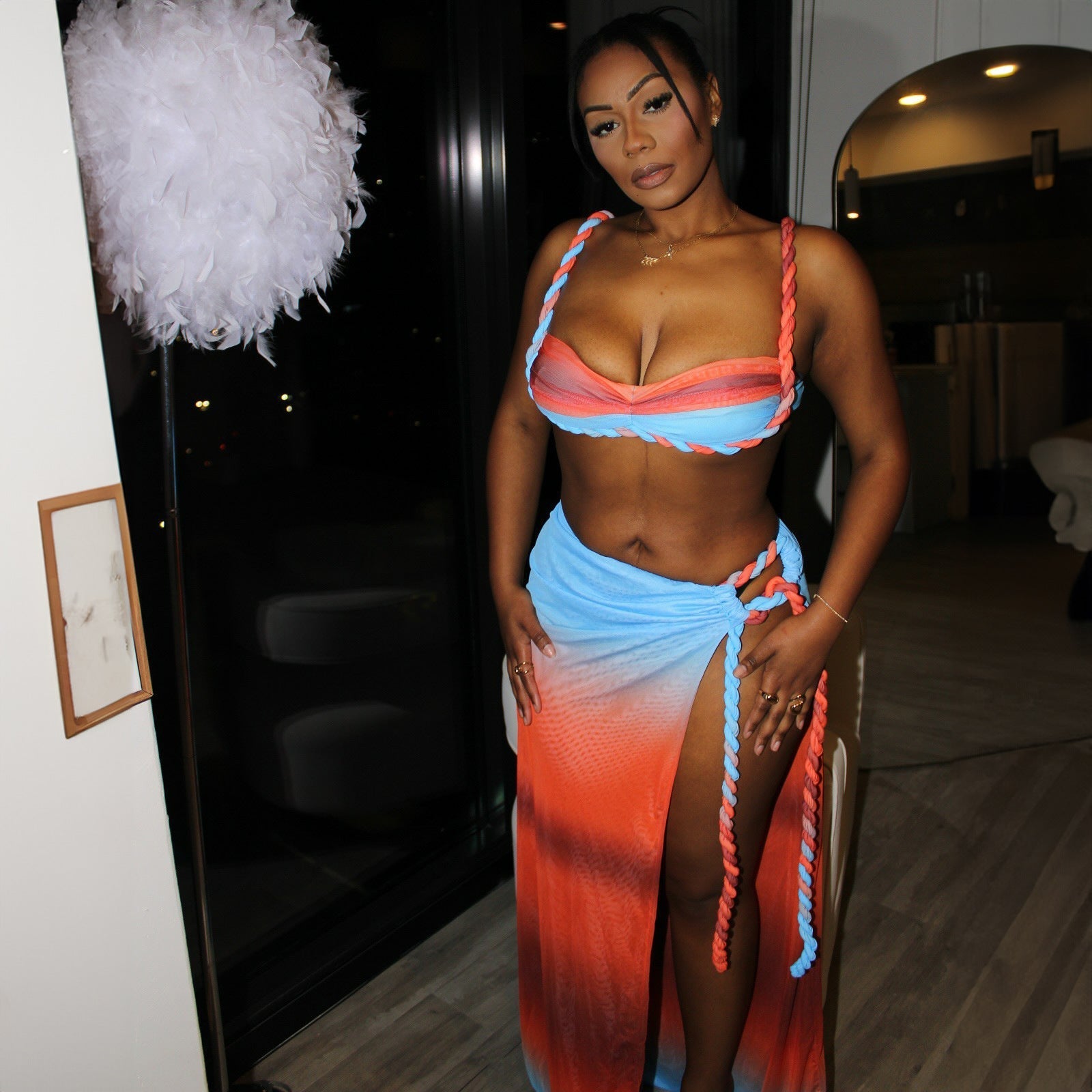 Summer Sexy Beach Vacation Swimsuit Woven Halter Top Top Split Skirt Set Bella Mia