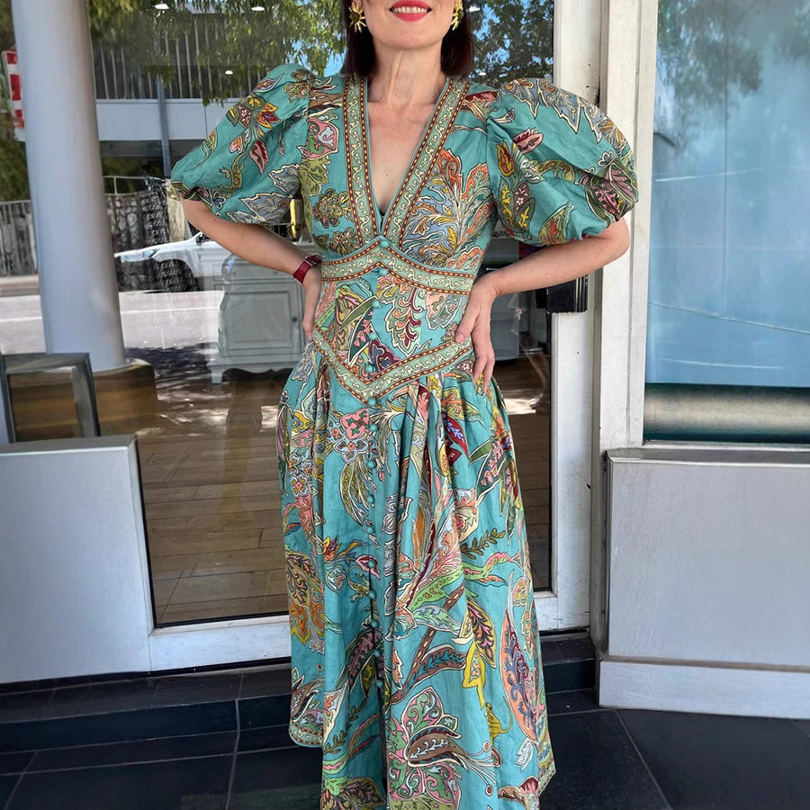 Spring Summer Printed Lantern Sleeve Dress Casual Loose Vacation Dress Women Bella Mia