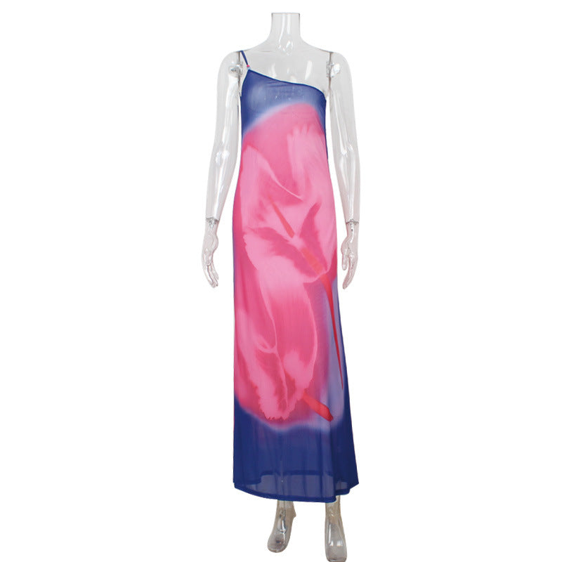 Women Clothing Elegant Diagonal Collar Sling Bare Back Printed Dress Slim Fit Slit Dress Bella Mia