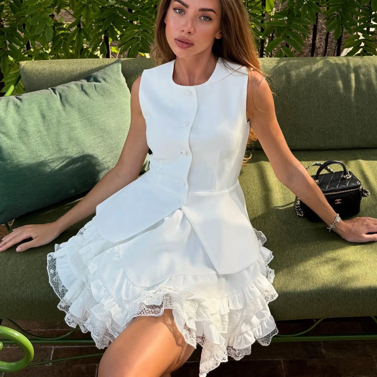 Casual Skirt Outfit Women High Grade Sleeveless Vest Waistcoat Top High Waist Bubble Skirt Two Piece Sets Bella Mia