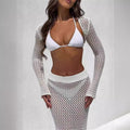 Summer Beach Skirt Set Sexy Cutout Knitting Bikini Swimsuit Blouse Sun Protective Clothing Women