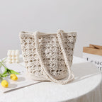 Korean Hollow Out Cutout Cotton Thread Hand Woven Bag Chi Elegant One Shoulder Portable Straw Weaved Bag Seaside Vacation Beach Bag Bella Mia