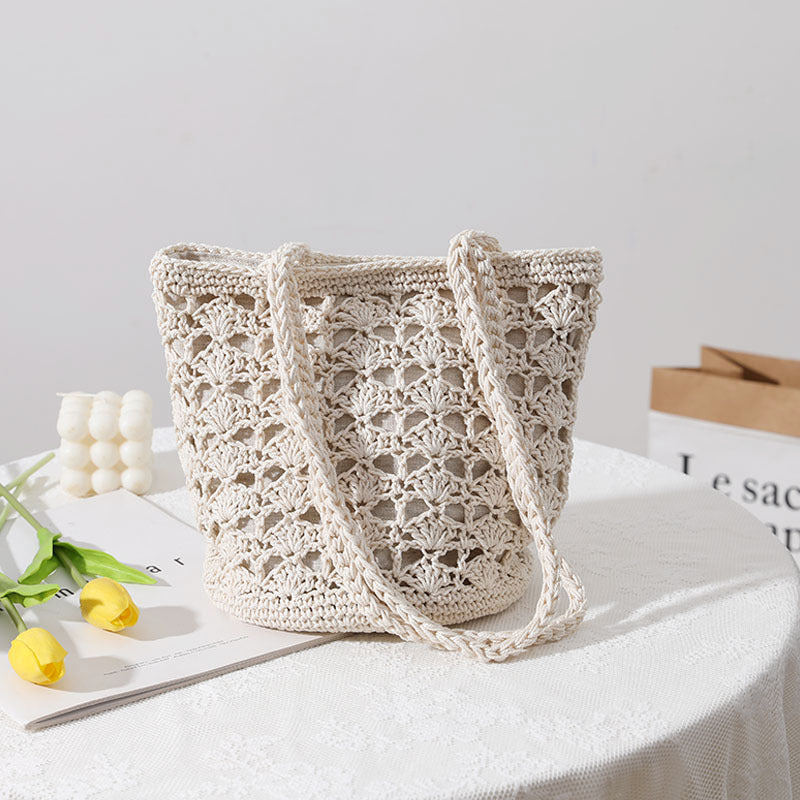 Korean Hollow Out Cutout Cotton Thread Hand Woven Bag Chi Elegant One Shoulder Portable Straw Weaved Bag Seaside Vacation Beach Bag Bella Mia