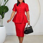 Women Clothing Short Sleeve Elegant Ruffled Hip Split Solid Color Set Bella Mia