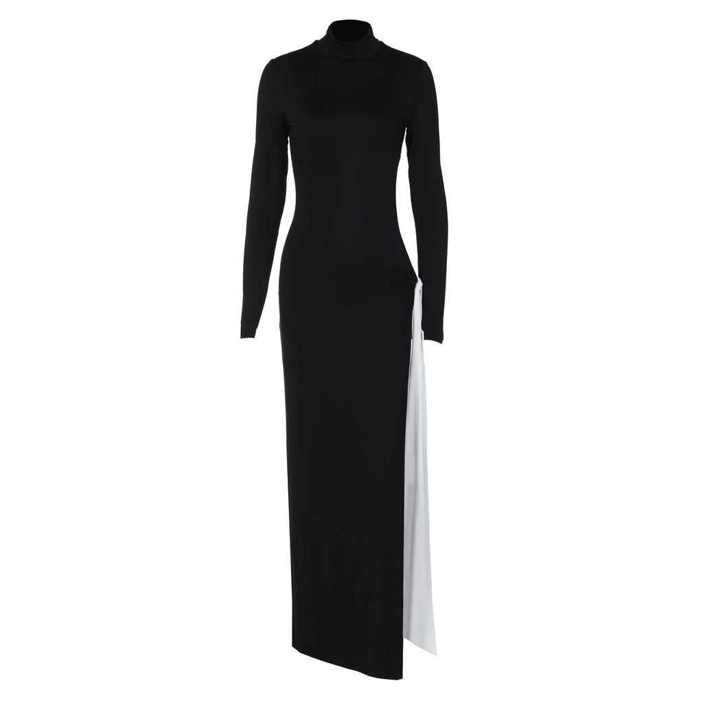 Winter Women Clothing High Collar Long Sleeve Sexy Slit Contrast Color Ribbon Dress Bella Mia