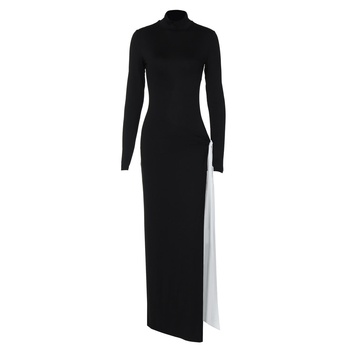 Winter Women Clothing High Collar Long Sleeve Sexy Slit Contrast Color Ribbon Dress Bella Mia