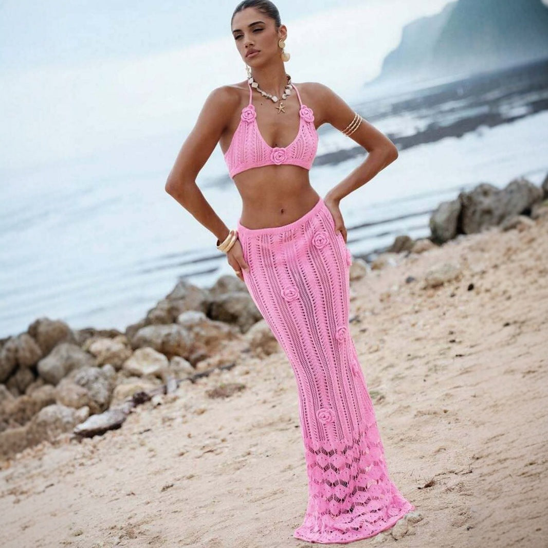Sexy Floating Floral Cropped Outfit Bikini Strap Halter Knitted Swimsuit Dress Bella Mia
