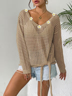 Women V neck Pullover Top Cutout Blouse Lace up Bow Outerwear Shirt Crochet Stitching Loose Sweater Women Bella Mia