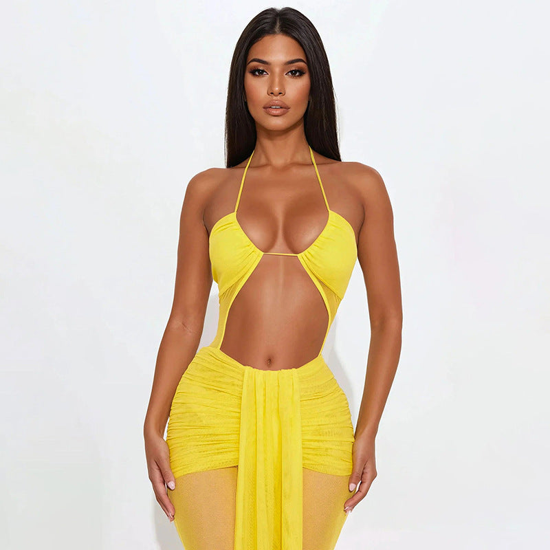 Women Clothing Spring Summer Halter Cropped Outfit Mesh Drawstring Sheer Cutout Ribbon Jumpsuit Bella Mia