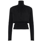 Dark Sexy Black with High Collar Long Sleeve Casual Top Short Waist Controlled Slimming Long Sleeve T shirt Women Autumn Bella Mia
