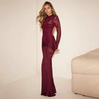 Women Clothing Autumn Lace Sexy See through Hollow Out Cutout Slim round Neck Backless Long Sleeves Dress Women Bella Mia