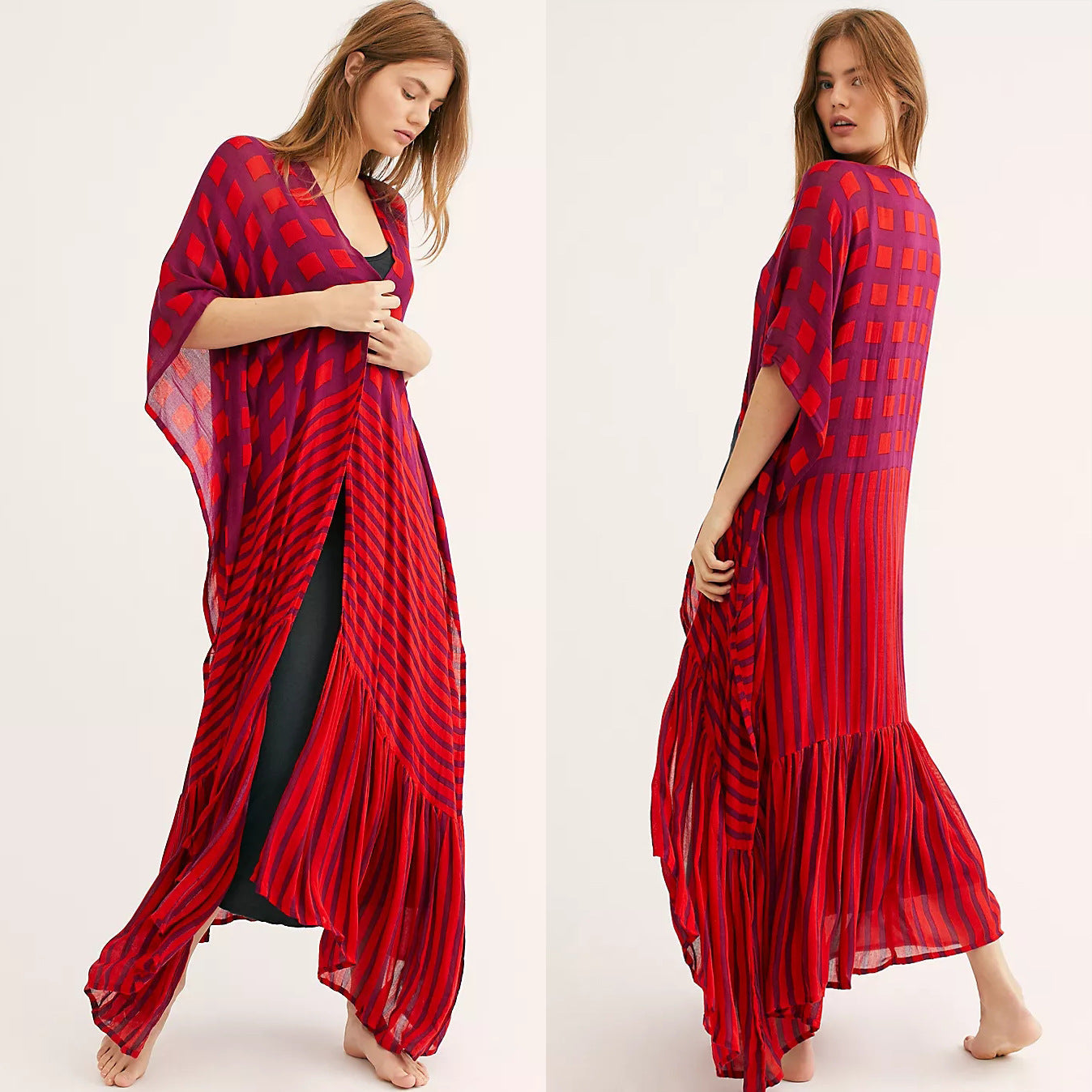 Rayon Plaid Vertical Print Cardigan Holiday Casual Beach Bikini Cover Attached Rope Bella Mia