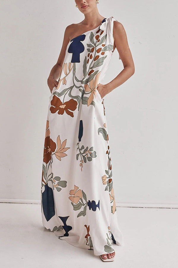 Spring Summer Oblique Shoulder Printed Pocket Dress Casual Loose Vacation Dress Bella Mia