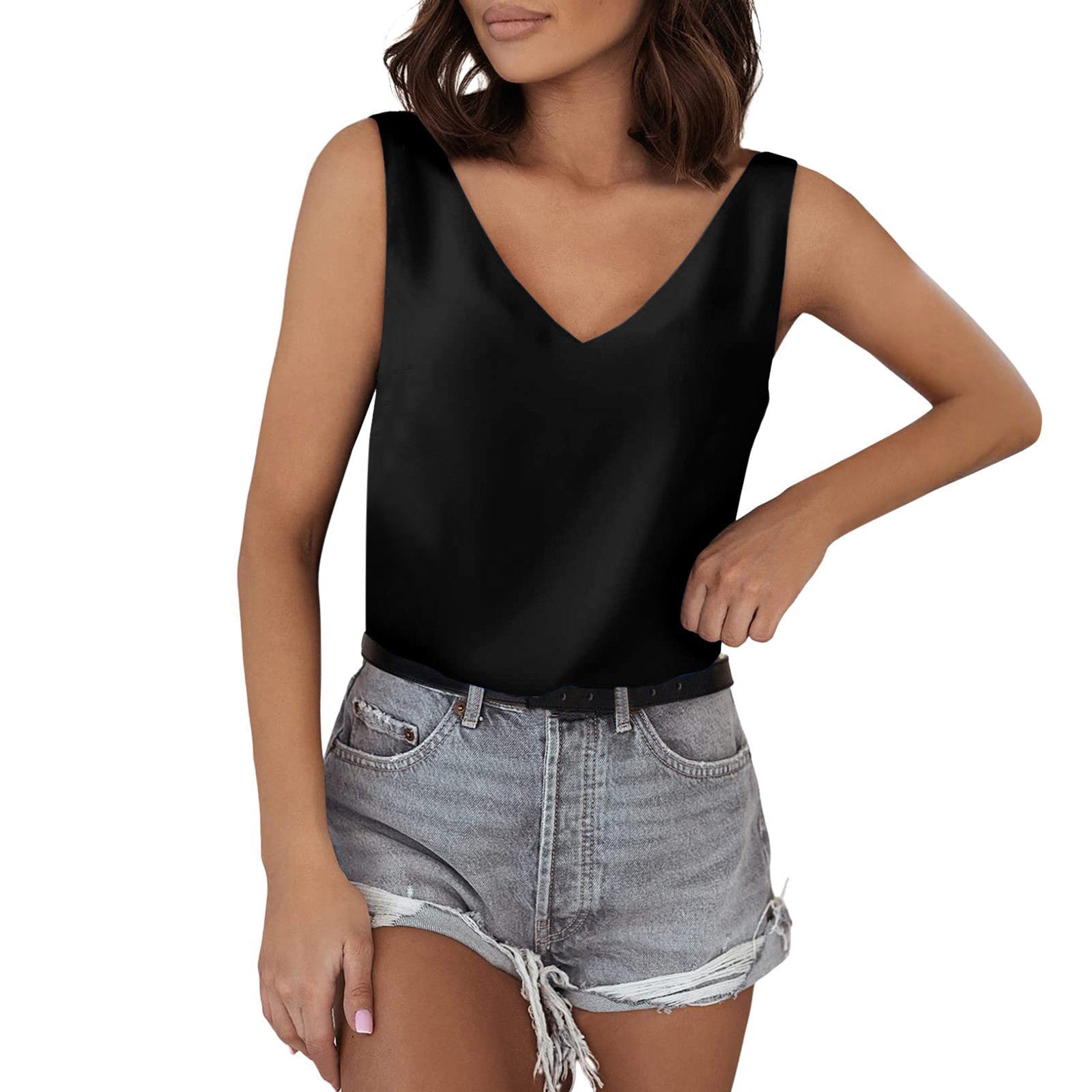 Solid Color Satin Vest V neck Casual Camisole Sleeveless Shirt Summer Basic Bella Mia