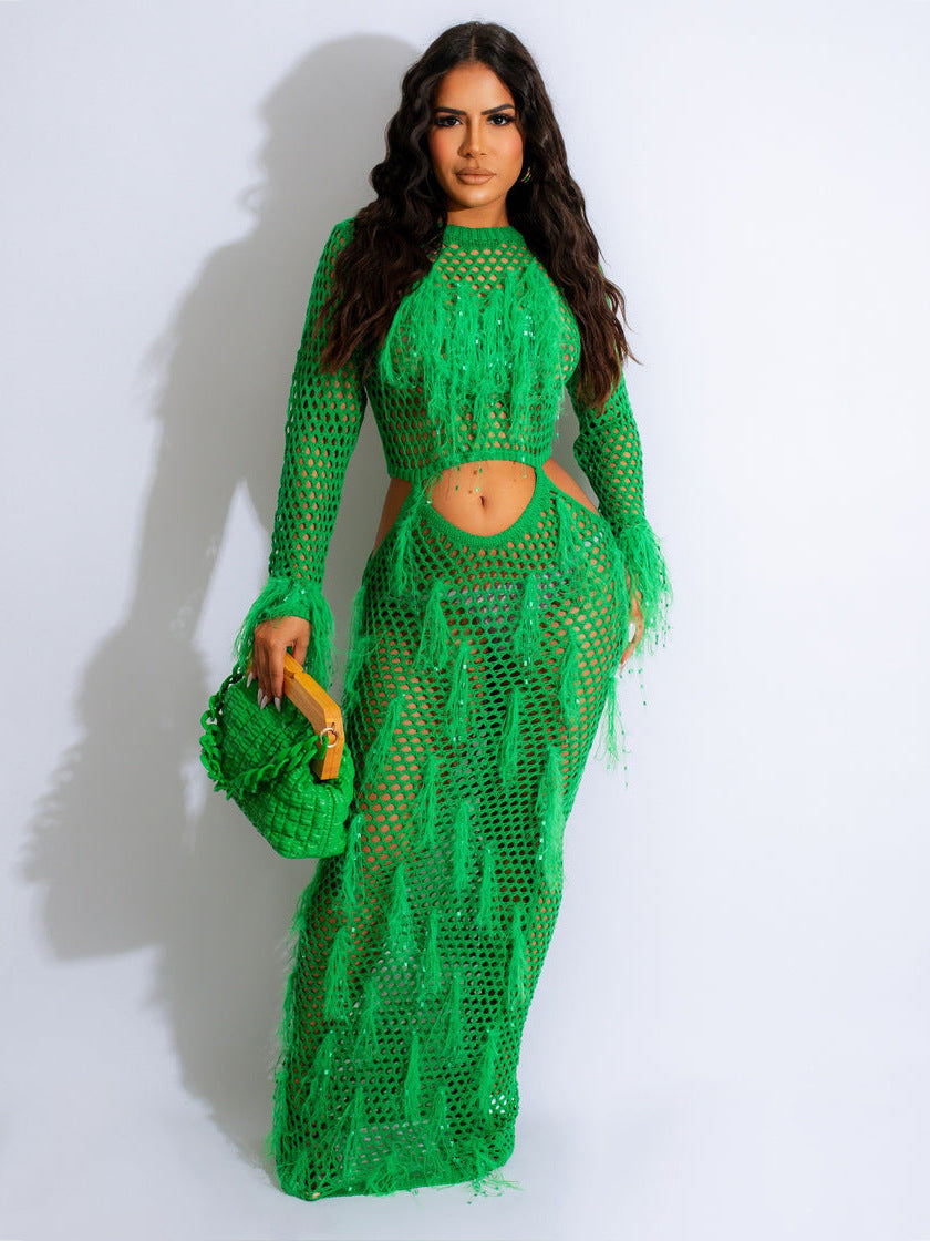 Women Clothing Sexy Handmade Knitted Beach Dress Hollow Out Cutout Out Mink Tassel Maxi Dress Bella Mia