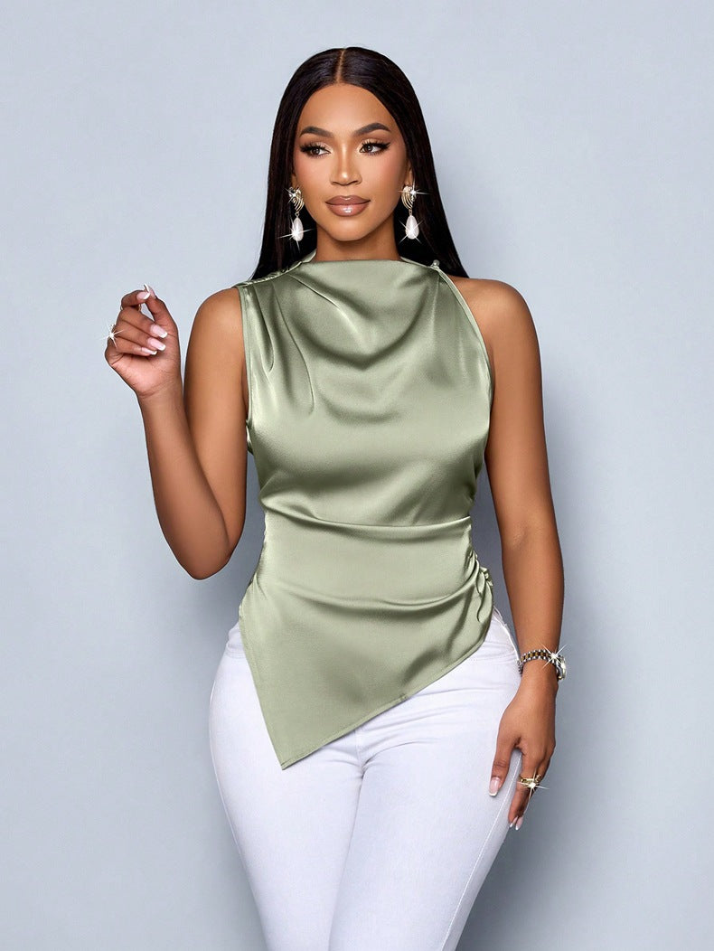 Women Clothing Summer Satin Shirt Women Asymmetric Satin Shirt Women Top Bella Mia