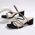 Chunky Heel Rhinestone Thin Strap Mid Heel Sandals Women Two Way Square Toe Slippers Bella Mia