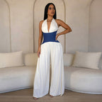Women Clothing Spring Summer Halter Strap Contrast Color Zipper Tube Top Wide Leg Loose Jumpsuit Bella Mia