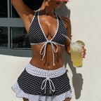 Bikini Polka Dot Printed Lace up Sexy Belt Overskirt Vacation Swimsuit Three Piece Set for Women Bella Mia