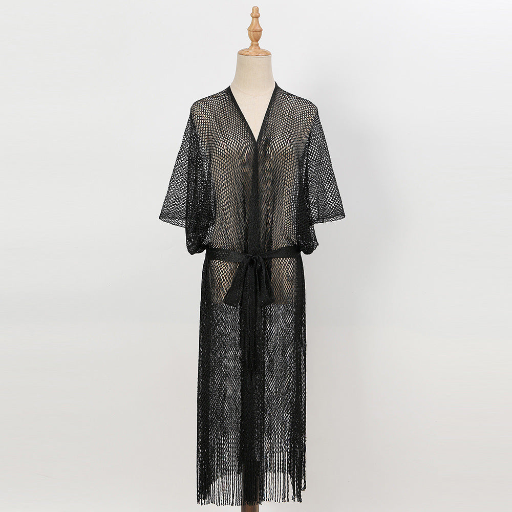 Summer Beach Sun Protection Shirt Gradient Color Lace Up Tassel Beach Cover Up Short Sleeve Knitted Long Cardigan Bella Mia