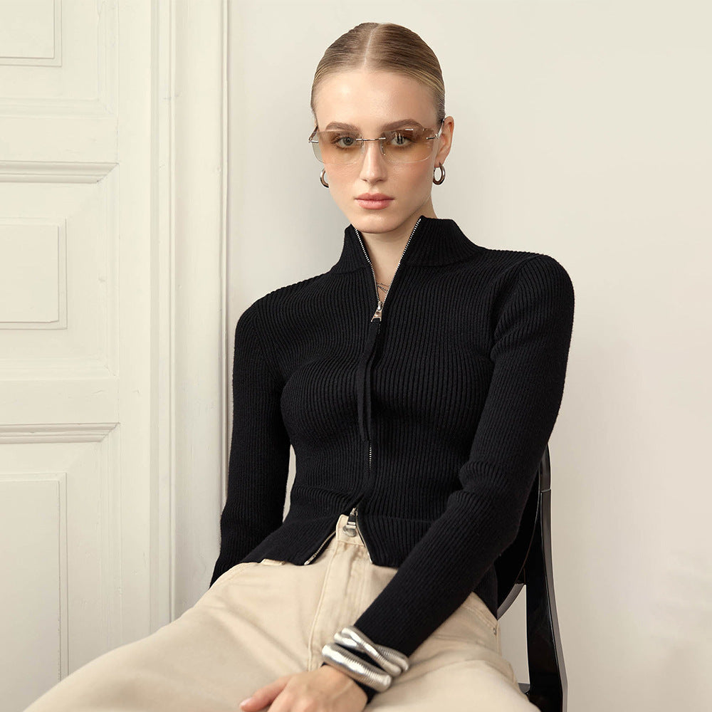 Stand up Collar Slim Fit Long Sleeved Coat Autumn Winter Double Zipper Cardigan Thermal Knitting Coat for Women Bella Mia