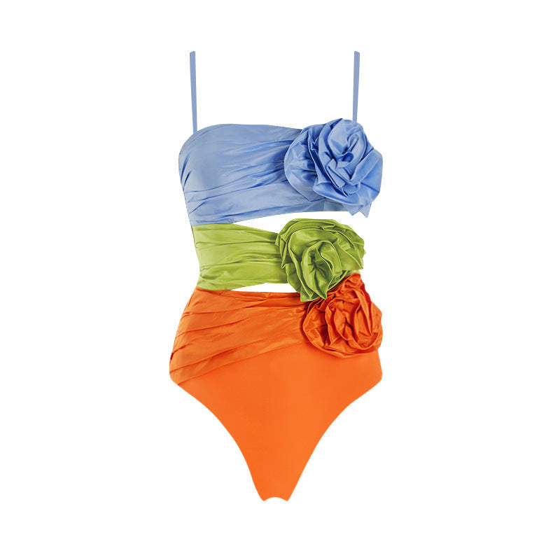 Color Matching Floral Decoration Hollow Out Cutout Tube Top One Piece Swimsuit Suit Skirt Women Bella Mia