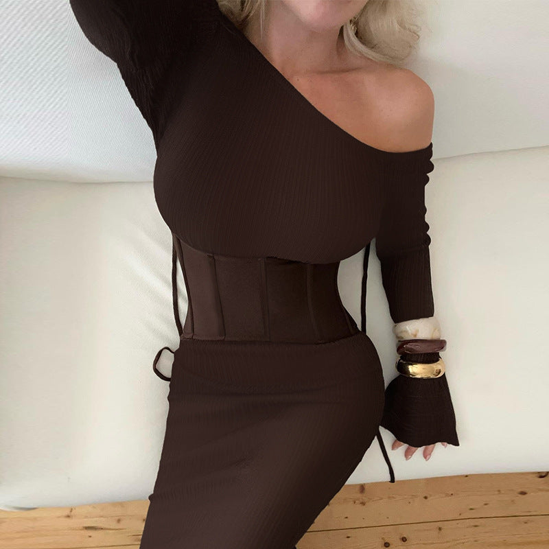 Sexy Hip Wrapped Dress Oblique Shoulder Party Long Sleeve Waist Fishtail Dress Bella Mia