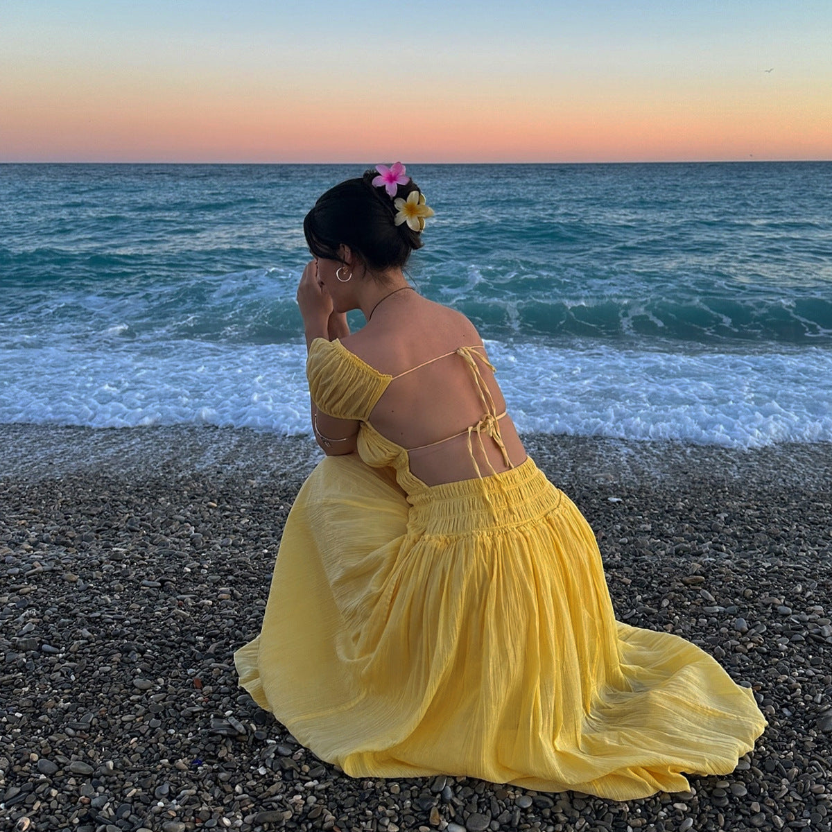 Women Summer Sexy Puff Short Sleeve Square Collar Vacation Backless Dress Women Summer Long Skirt Seaside Atmosphere Dress Bella Mia