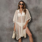 Beachwear Vacation Blouse Women Clothing Mesh Patchwork Shirt Collar Irregular Asymmetric Dress Loose Overclothes