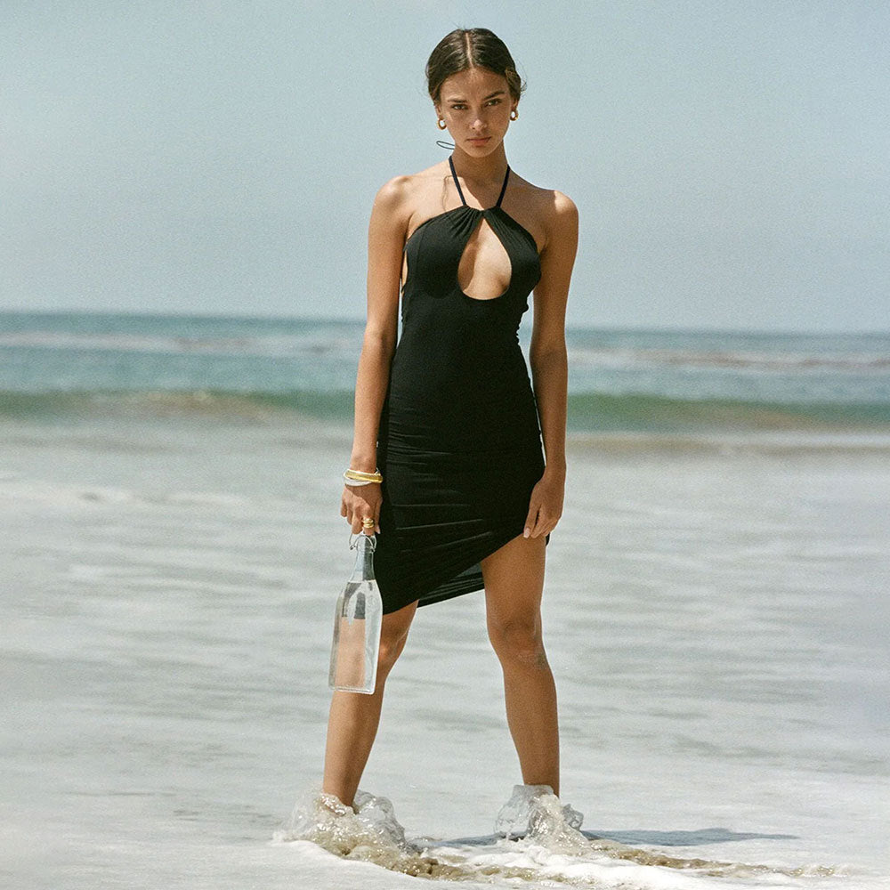 Sexy Hollow Out Cutout-out Halter Dress Women Summer Seaside Beach Backless Slit Slim Fit Niche Sexy Dress Bella Mia