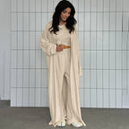 Summer Pajamas Three Piece Knitted Solid Color Top Trousers Loose Comfortable Home Wear Bella Mia