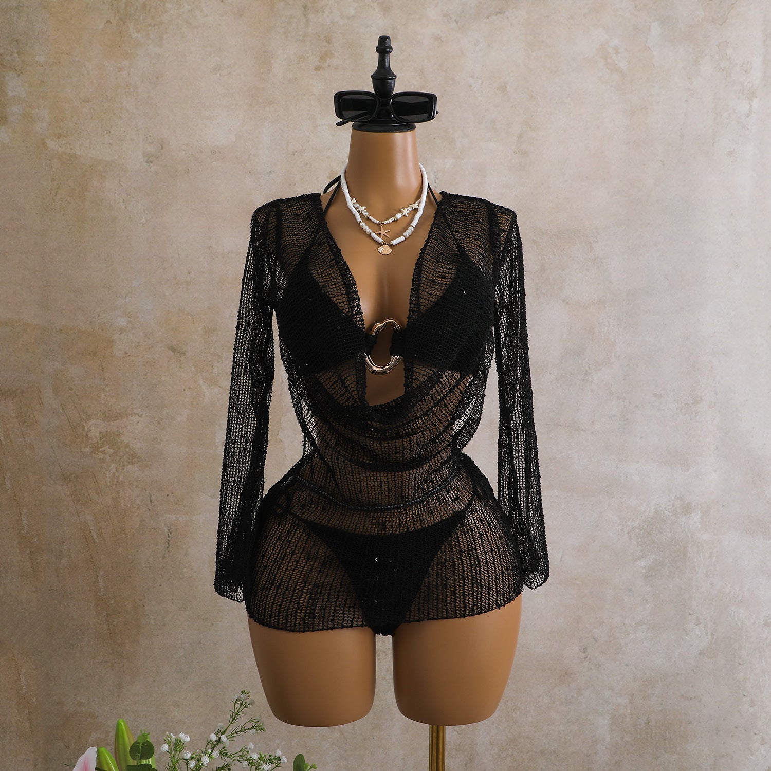 Swing Collar Special Sequ Long Sleeve Mesh Three Piece Swimsuit Bikini