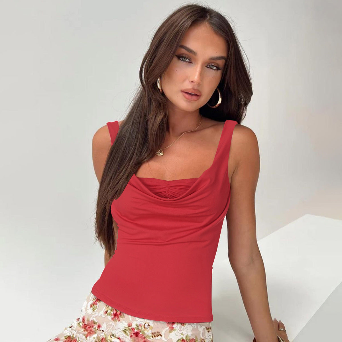 Women Clothing Spring Summer Sexy U Collar Pleated Slim Fit All Match Small Tank Top Bella Mia