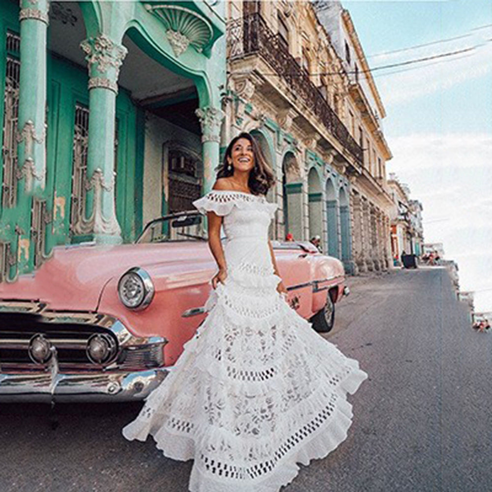 Summer Women Clothing off Shoulder Ruffled Hollow Out Cutout Wide Hem Lace Long Dress Bella Mia