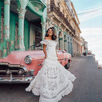 Summer Women Clothing off Shoulder Ruffled Hollow Out Cutout Wide Hem Lace Long Dress Bella Mia