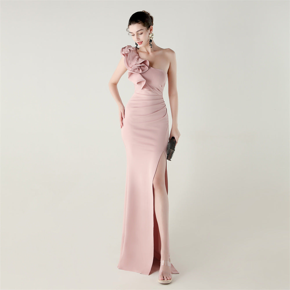 One Shoulder Craft Wave Floral Satin High Slit Sexy Evening Dress Dinner Party Wedding Social Bella Mia