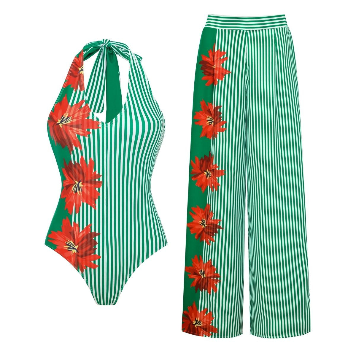 Swimsuit Green Striped Floral Stitching Swimsuit Women Tube Top Swimsuit Bella Mia