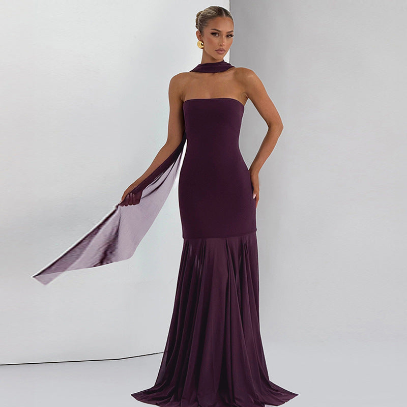 Women Clothing Autumn Winter Sexy Mesh Stitching Tube Top Evening Maxi Dress Women Bella Mia