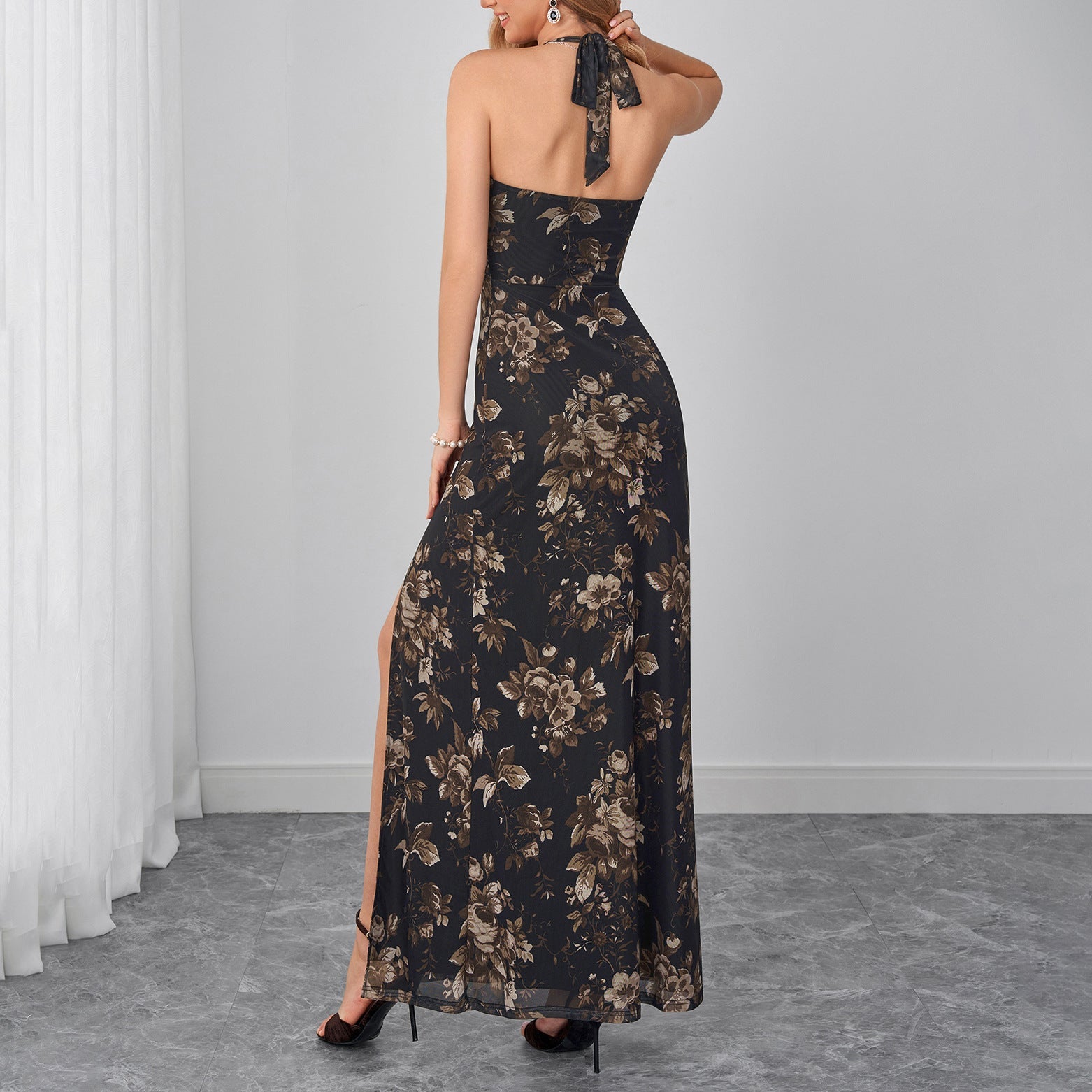 Summer Mesh Halter Tied Dress Dignified Goddess Tight Waist Slim Tall Looking Split Printed Dress