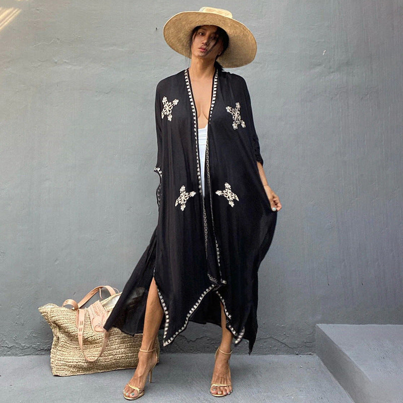 Rayon Embroidered Loose Long Cardigan Beach Sun Protection Coat Beach Cover Up Swimsuit Outwear Women Bella Mia