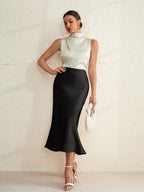 Spring Women Clothing Satin Slim Skirt Satin Solid Color Mid Length Sheath Fishtail Skirt Bella Mia