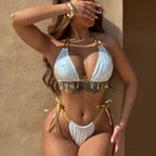 Split Bronzing Swimsuit Halter Strap Shell Jewelry Embellished Women Bikini Sexy Beachwear Bella Mia