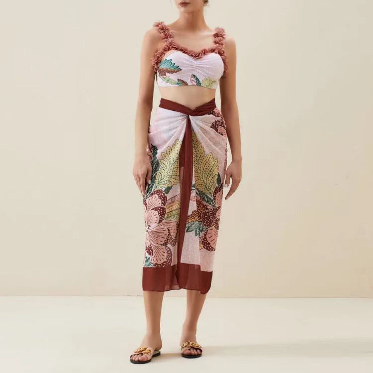 Three Piece Set Swimsuit Customized Printed Steel Bracket Push up Petals Gauze Skirt Swimsuit Women Bella Mia