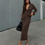 Women Collared Flared Sleeve Cardigan Top Hip Skirt Two Piece Set Bella Mia