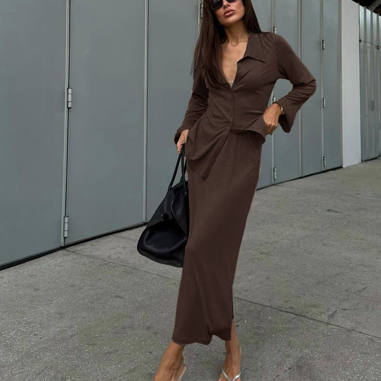 Women Collared Flared Sleeve Cardigan Top Hip Skirt Two Piece Set Bella Mia