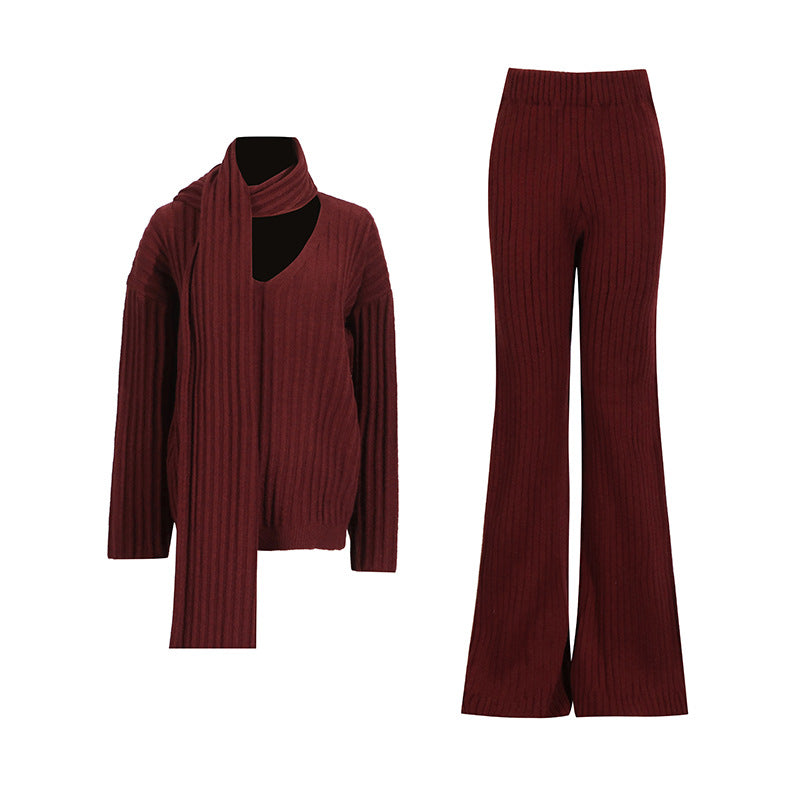 Women Autumn Winter High Grade Elegant Knitted Two Piece Scarf Design Loose Wide Leg Pants Set Bella Mia